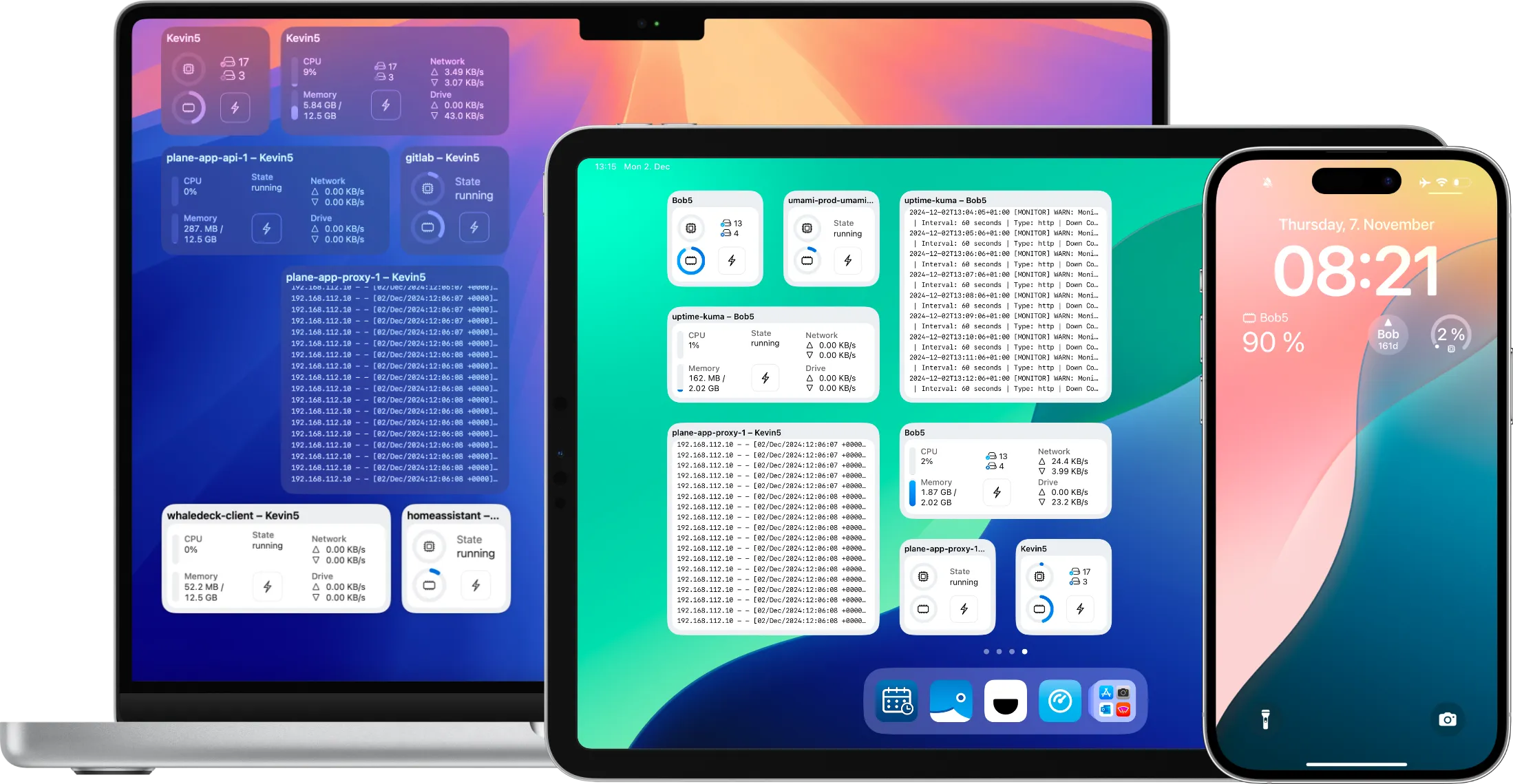 WhaleDeck widgets showing server and container monitoring